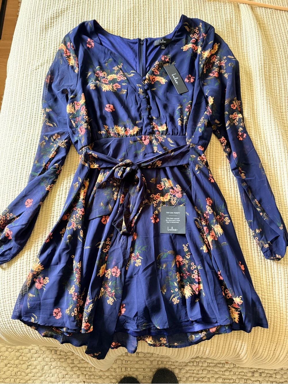 Lulus Navy Floral Long Sleeve Button Front Dress XL NWT Tie Waist Flowy Mini